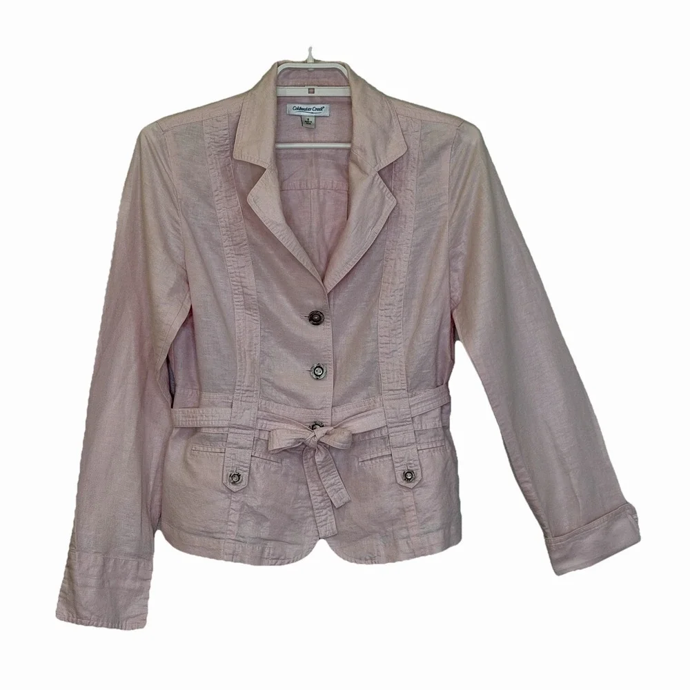 Coldwater Creek Lightweight Jacket Sz Small Pink Belted Long Sleeve‎ Linen Blend